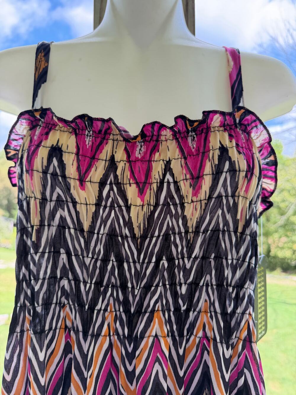 Just Love NWT Smocked Tank Pink/Black Chevron Sundress XL Boho Festival Artsy